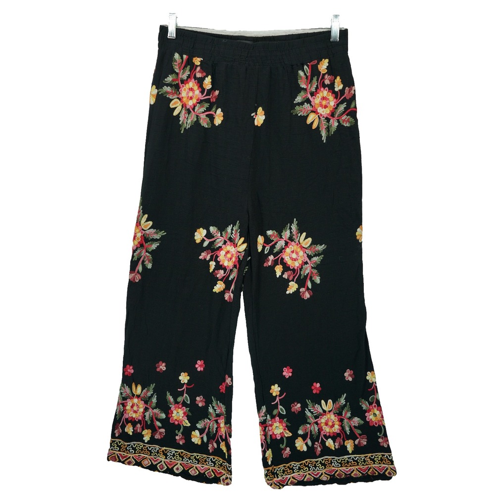 Liv Los Angeles Womens Embroidered Wide‎ Leg High Rise Pants Floral Flower XL